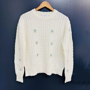 Sandro Cream Cable Knit Sweater with Floral Embroidery